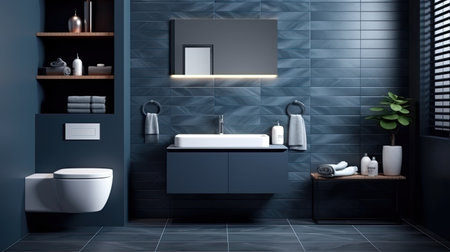 Interior of modern bathroom with blue tile walls, tiled floor, comfortable black bathtub, double sink and toilet. 3d renderingの素材