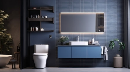Interior of modern bathroom with blue tile walls, concrete floor, comfortable blue bathtub standing on it and shelves with towels. 3d renderingの素材