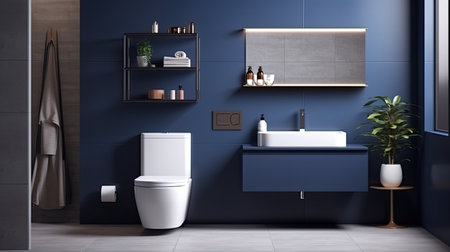 Blue bathroom interior with bathtub, toilet bowl and mirror. 3d renderingの素材