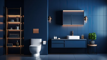 Bathroom interior with blue walls, tiled floor, panoramic window and toilet bowl. 3d renderingの素材
