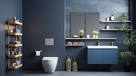 Interior of modern bathroom with blue and gray walls, tiled floor, comfortable bathtub and toilet bowl. 3d renderingの素材