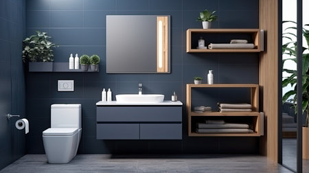 Interior of modern bathroom with dark blue walls, concrete floor, comfortable bathtub and toilet. 3d renderingの素材