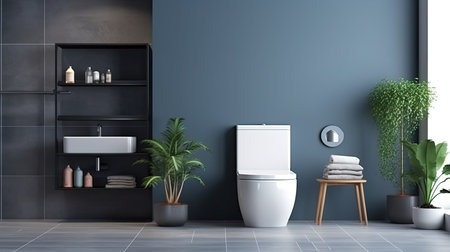 Interior of modern bathroom with grey walls, tiled floor, comfortable white bathtub and toilet bowl. 3d renderingの素材