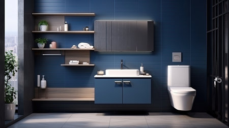 Blue bathroom interior with sink and toilet. 3d rendering mock upの素材