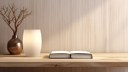 Wooden shelf with books and vase on the wall. 3D renderingの素材