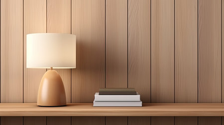 Bookshelf with lamp and books on wooden wall background. 3d renderingの素材