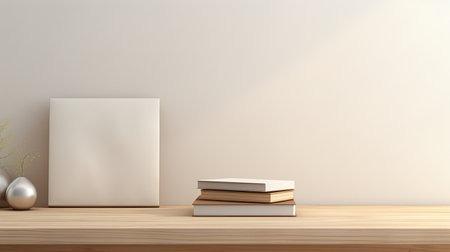 3d render of white blank poster on wooden table in front of beige wallの素材