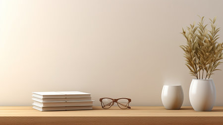 3d render of books and glasses on wooden table in living roomの素材