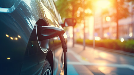 EV charging station for electric car in concept of green energy produced from sustainable source to supply to charger station in order to reduce CO2 emissionの素材