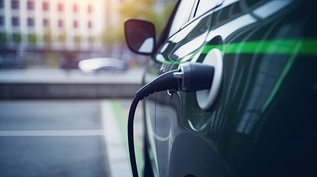 EV charging station for electric car in concept of green energy produced from sustainable source to supply to charger station in order to reduce CO2 emissionの素材