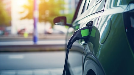 EV charging station for electric car in concept of green energy produced from sustainable source to supply to charger station in order to reduce CO2 emissionの素材