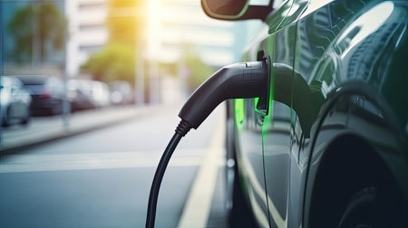 EV charging station for electric car in concept of green energy produced from sustainable source to supply to charger station in order to reduce CO2 emissionの素材