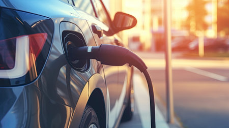 EV charging station for electric car in concept of green energy produced from sustainable source to supply to charger station in order to reduce CO2 emissionの素材