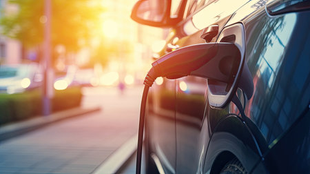 EV charging station for electric car in concept of green energy produced from sustainable source to supply to charger station in order to reduce CO2 emissionの素材