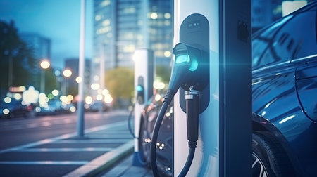 EV charging station for electric car in concept of green energy produced from sustainable source to supply to charger station in order to reduce CO2 emissionの素材