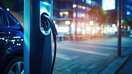 EV charging station for electric car in concept of green energy produced from sustainable source to supply to charger station in order to reduce CO2 emissionの素材