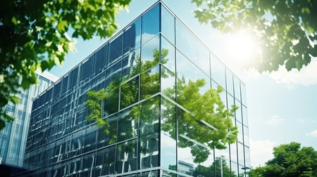 Modern office building with green leaves. Bottom view of modern office building with green leavesの素材