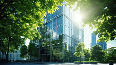 Modern office building with green leaves. Bottom view of modern office building with green leavesの素材