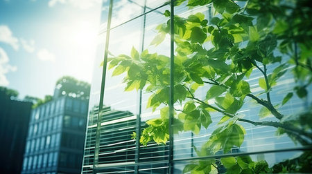 Modern office building with green leaves. Bottom view of modern office building with green leavesの素材