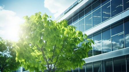 Modern office building with green leaves. Bottom view of modern office building with green leavesの素材