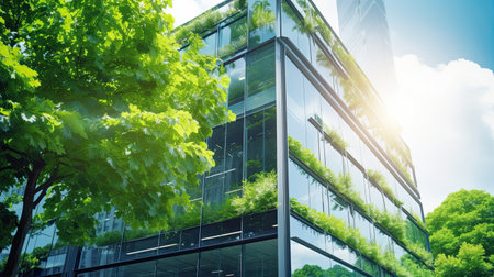 Modern office building with green leaves. Bottom view of modern office building with green leavesの素材