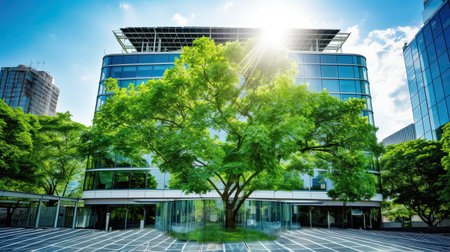 Modern office building with green leaves. Bottom view of modern office building with green leavesの素材