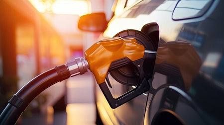 Refueling car at gas station. Refueling car with fuel. Close-upの素材