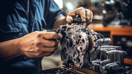 Car mechanic working in auto repair shop. Auto service industry. Automotive manufacturingの素材