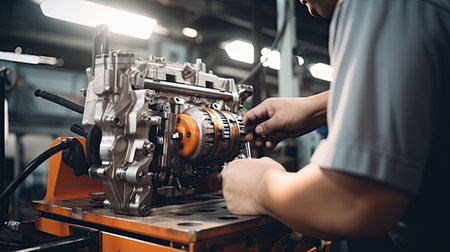 Car mechanic working in auto repair shop. Auto service industry. Automotive manufacturingの素材