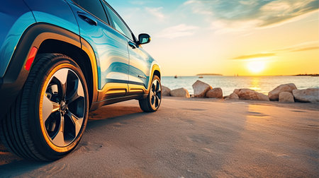 Car on the beach at sunset. Concept of travel and vacationの素材