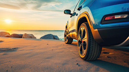 Car on the beach at sunset. Concept of travel and vacationの素材