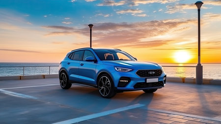 Car on the beach at sunset. Concept of travel and vacationの素材
