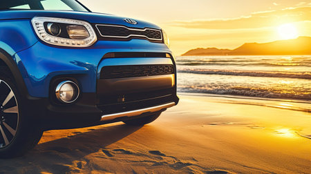 Car on the beach at sunset. Concept of travel and vacationの素材