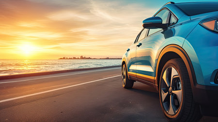 Car on the beach at sunset. Concept of travel and vacationの素材