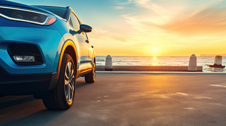 Car on the beach at sunset. Concept of travel and vacationの素材