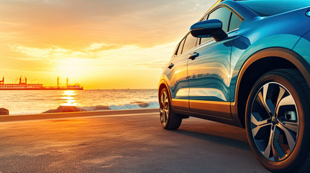 Car on the beach at sunset. Concept of travel and vacationの素材