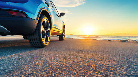 Car on the beach at sunset. Concept of travel and vacationの素材