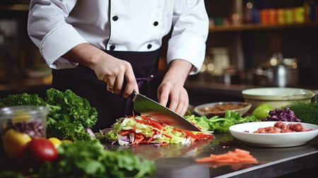 Chef is preparing food ingredients on a wooden board in a restaurant kitchenの素材