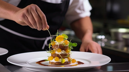Chef decorating delicious appetizer on plate in restaurant kitchen, closeupの素材