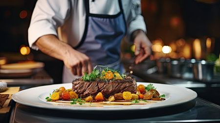 Chef serving steak with vegetables on a white plate in a restaurantの素材