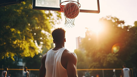 Young african american man playing basketball at sunset. Sport and active lifestyle conceptの素材