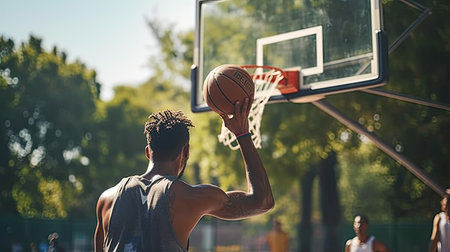 Young african american man playing basketball at sunset. Sport and active lifestyle conceptの素材
