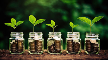 plant growing out of coins in glass jar with filter effect retro vintage style. Investment conceptの素材
