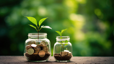 plant growing out of coins in glass jar with filter effect retro vintage style. Investment conceptの素材