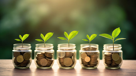 plant growing out of coins in glass jar with filter effect retro vintage style. Investment conceptの素材