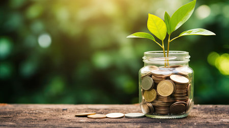 plant growing out of coins in glass jar with filter effect retro vintage style. Investment conceptの素材