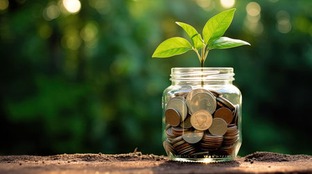 plant growing out of coins in glass jar with filter effect retro vintage style. Investment conceptの素材