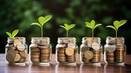 plant growing out of coins in glass jar with filter effect retro vintage style. Investment conceptの素材