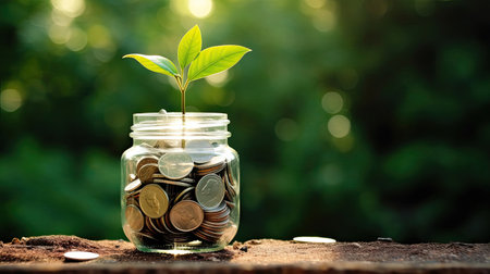 plant growing out of coins in glass jar with filter effect retro vintage style. Investment conceptの素材