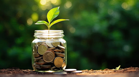 plant growing out of coins in glass jar with filter effect retro vintage style. Investment conceptの素材